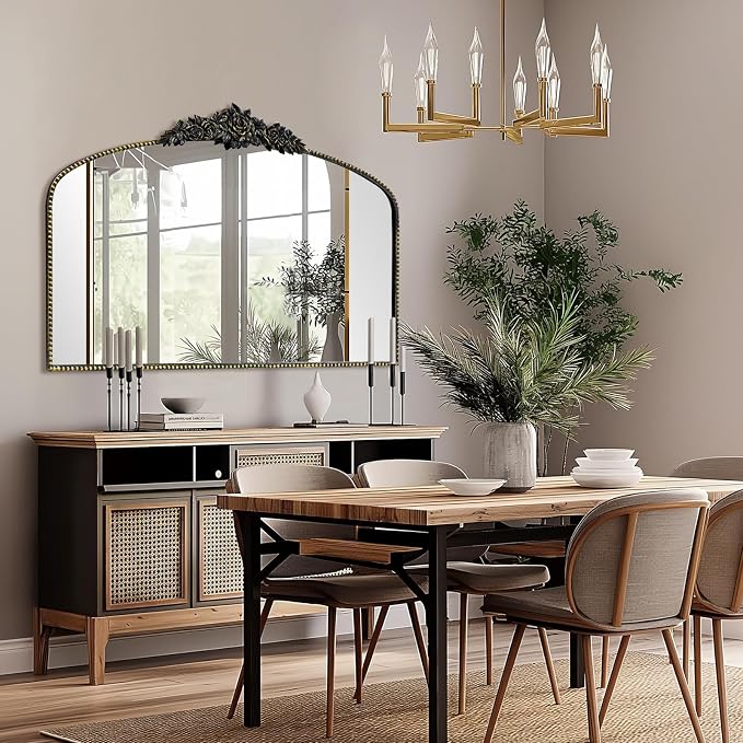 Antique Black Arched Mirror 48"x30", Victorian Vintage Black Mirrors with Ornate Metal Frame, Baroque Mirrors for Fireplace/Entryway/Dining Room/Living Room/Bathroom