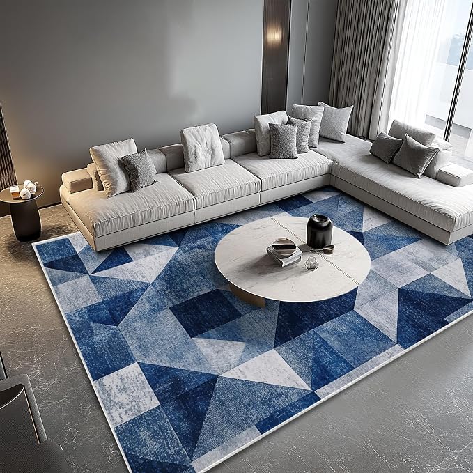 5x7 Navy Blue Area Rug Modern Geometric Blue White Beige Bedroom Rug Soft Low Pile Thin Large Carpet Living Room Non Slip Dining Room Stain Resistant Office Washable Machine
