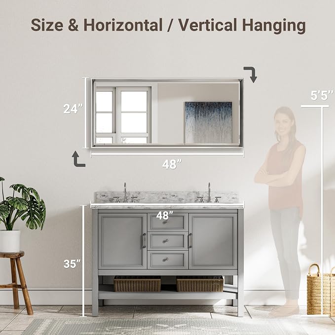 48x24 Beveled Silver Bathroom Vanity Mirror, Shatterproof Large Rectangle Metal Framed Mirror for Bathroom Wall, Anti-Rust Vertical/Horizontal Wall-Mounted Mirrors