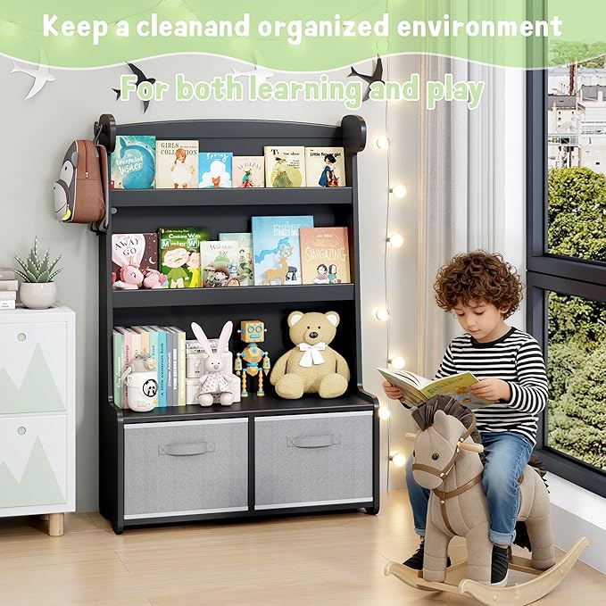 Kids Bookshelf and Toy Storage Organizer, 3 Tier Bamboo Todders Book Shelf Large Book Rack for Child Room Playroom Nursery for Kids, Children, Toddlers (Black)