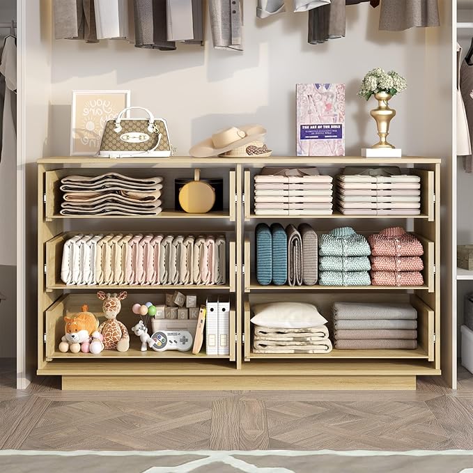 IBF Modern Fluted 6 Drawer Dresser for Bedroom, Fluted 55 Inch Chest of Drawers for Kid Adult Closet, Large Wood Clothes Storage Dresser with Anti-Tipping Device for Living Room Hallway, Oak