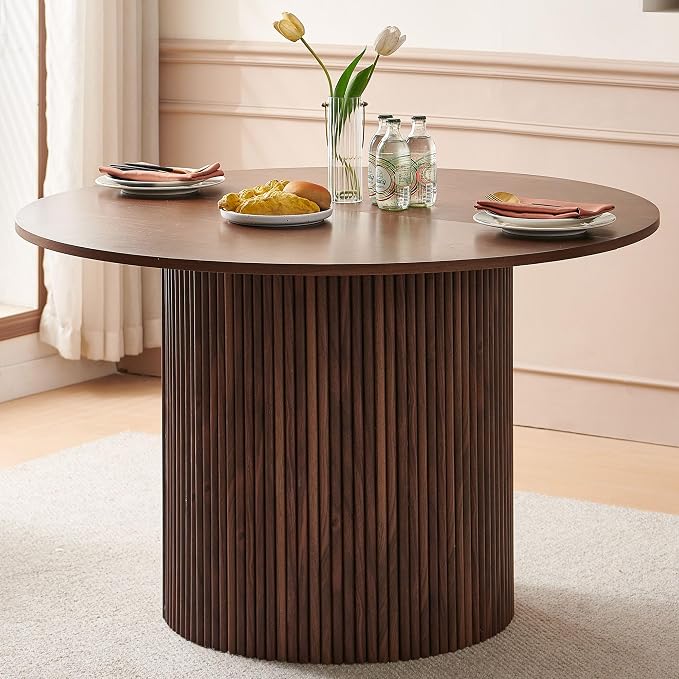 Homedot 47" Round Dining Room Table Walnut Wood Veneer Tabletop, Farmhouse Dinner Table with Two-Part Tabletop for 4-6, Rustic Circle Dining Table with MDF Strip Base for Kitchen Living Room