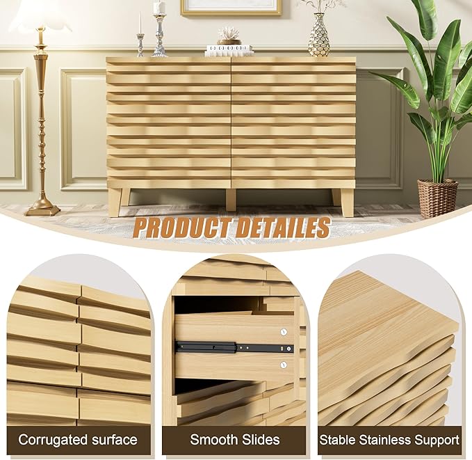 UEV Solid Wood 6 Drawer Dresser for Bedroom, Mid-Century Modern Chest of Drawers with Handmade Rhythmic Arc Line, Boho Style Fluted Dresser for Living Room, Entryway (Ivory White)