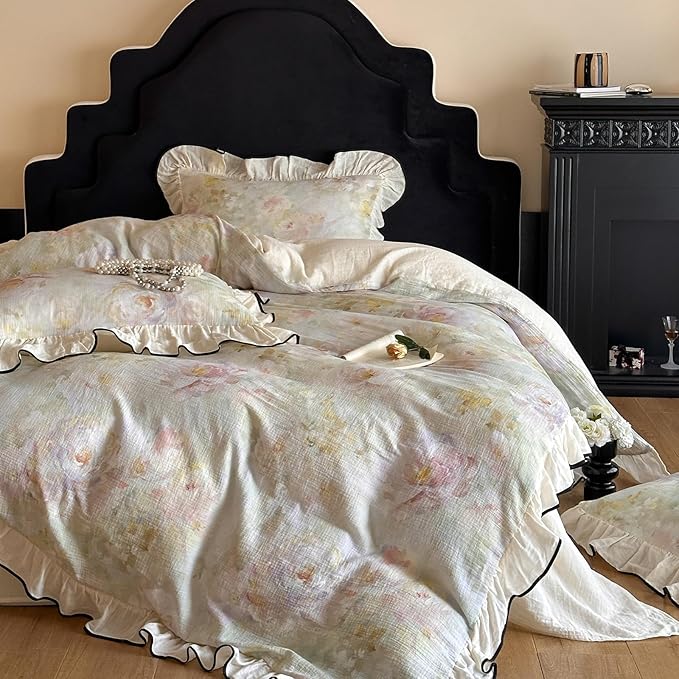 VM VOUGEMARKET Muslin Cotton Duvet Cover Queen Chic Floral Duvet Cover with Romantic Ruffles Soft Linen Like Gauze Comforter Cover with Zip Closure and Corner Ties- 90"x90"