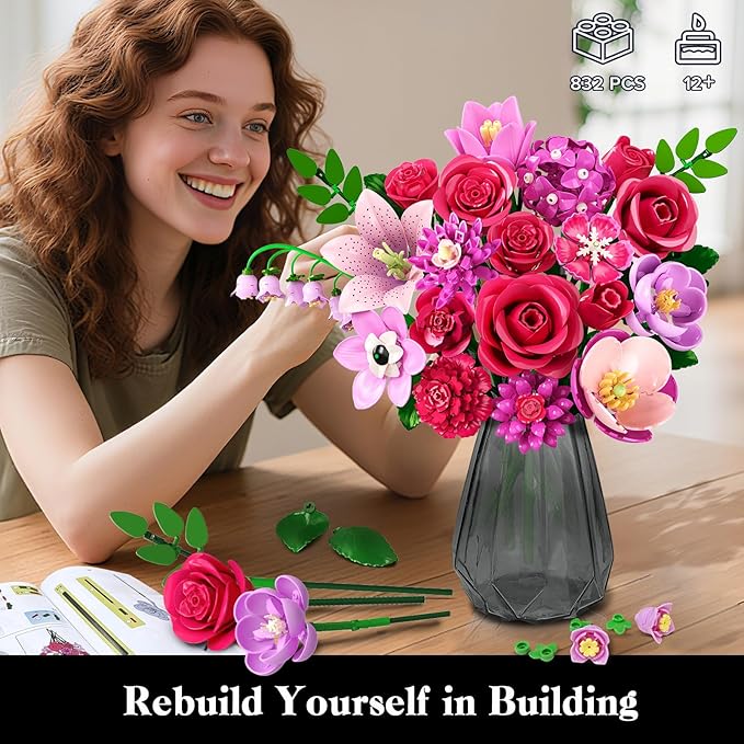 Flowers Bouquet Building Set with Light - 21 Rose Red Botanical Collection Building Block Set for Adults, 832 PCS Flower Plant Kit for Home Decor, for Her Women Girls Kids 12+
