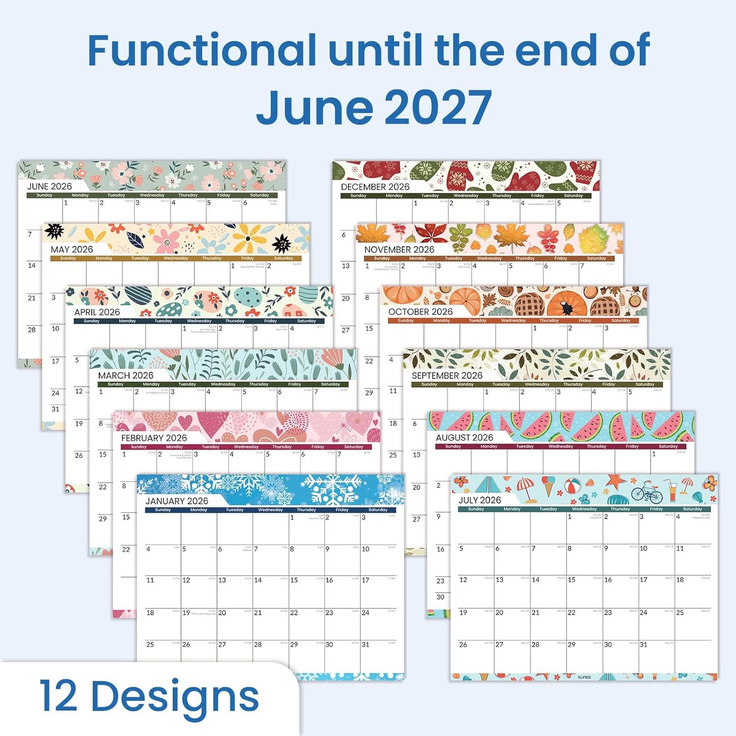 SUNEE Magnetic Refrigerator Calendar 2026-2027 | 21-Month Family Planner | 8.5"x11" Monthly Design