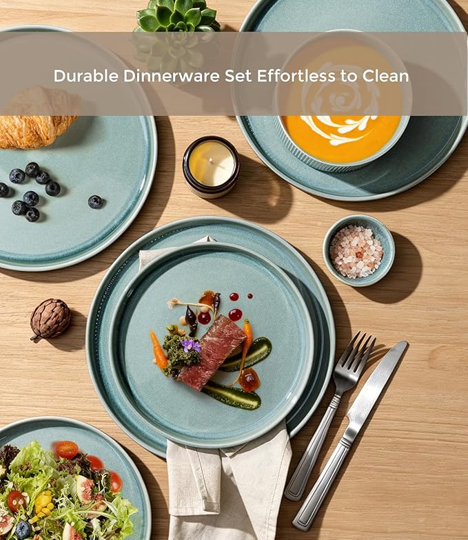 GBHOME 24-Piece Stoneware Dinnerware Set for 8 – Ribbed Ceramic Plates and Bowls, Scratch-Resistant, Microwave & Dishwasher Safe, Reactive Glaze, Malachite Green