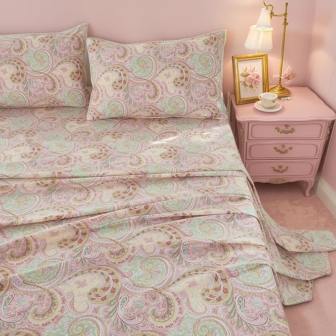 Brandream Bed Sheet King Size Boho Paisley Bedding Pink Watercolor Farmhouse Sheets Set Luxury Bedding Collections 800 Thread Count 100% Egyptian Cotton Deep Pocket, 4 Piece