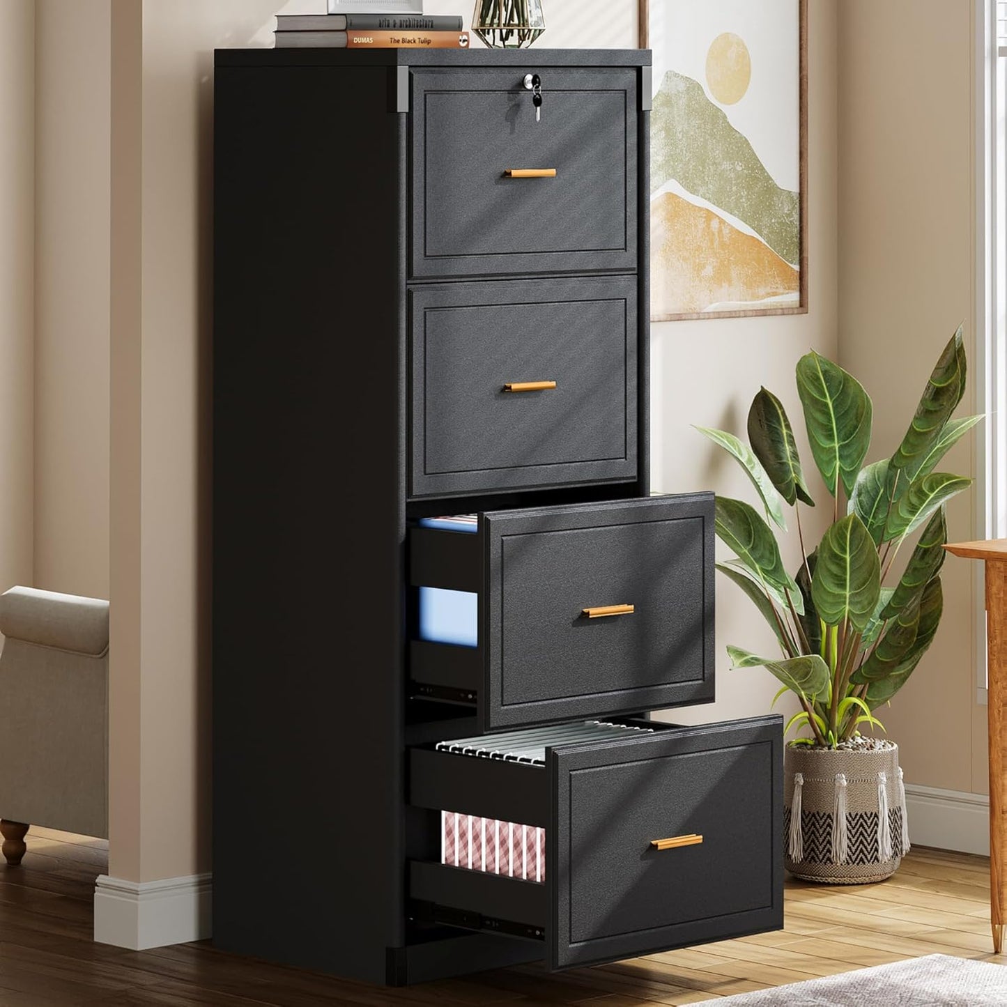Tribesigns 4-Drawer File Cabinet - Lockable Wooden Filing Cabinet for Home Office | Black, Vertical Storage for Legal/Letter/A4 Files