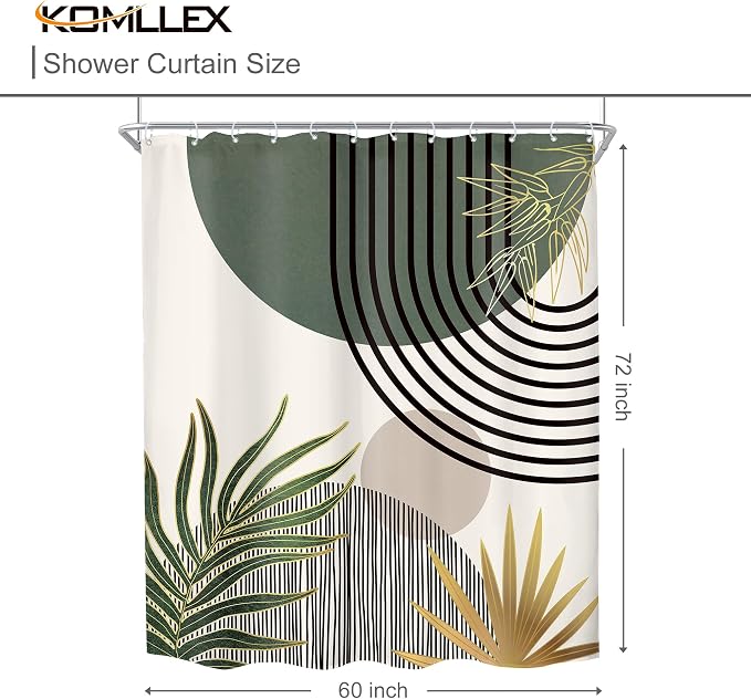 KOMLLEX Mid Century Dark Green Boho Shower Curtain 60Wx72L Inches Abstract Modern Shower Curtains for Bathroom Gold Plant Botanical Minimalist Arch Sun Fabric Liner Waterproof Polyester 12 Pack Hooks