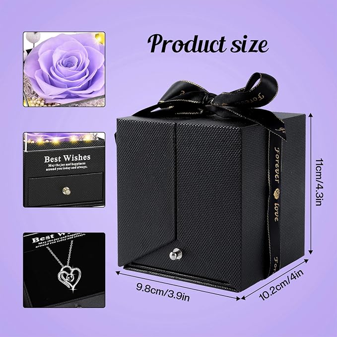 Christmas Birthday Gifts for Women - Preserved Real Rose with I Love You Heart 100-Language Necklace, LED Lights & Music Gift Box, Christmas for Women Girlfriend Mom