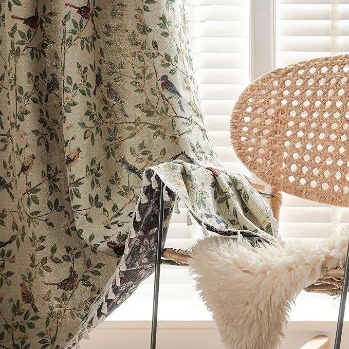ENJOYBRIDAL Floral 84 Inches Curtains for Bedroom Jacquard Drapes Bird Patterned Semi Sheer Boho Living Room Window Curtains 2 Panels Farmhouse Rod Pocket Light Filtering Decorative Window Treatments
