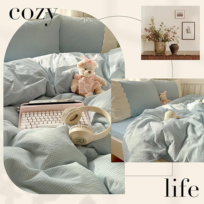 LifeTB Blue Gingham Duvet Cover Queen 3 Pieces Blue Plaid Comforter Cover with Chic White Lace Soft Microfiber Checkered Grid Duvet Cover with 2 Pillowcases Breathable Gingham Plaid Bedding Set