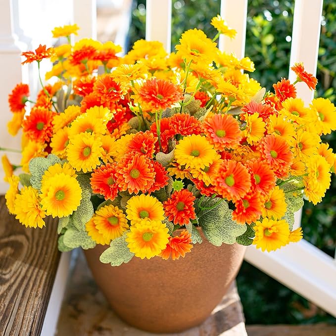 HyeFlora Dahlia Artificial Winter Flowers for Outdoors Christmas Decoration, 6 Bundles Fake Daisy Faux Plants Realistic UV Resistant Silk Flowers for Outside Planter Yard Garden Home, Orange Yellow