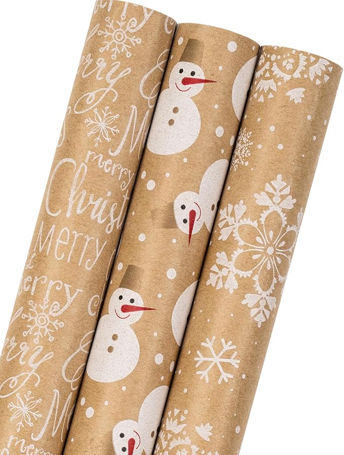 MAYPLUSS Kraft Christmas Wrapping Paper Roll - Mini Roll - 17 in X 120 in Per roll - White Snowman, Let it Snow Design Snowflake for XMAS,Party Birthday gift wrap (42.3 sq.ft.ttl)