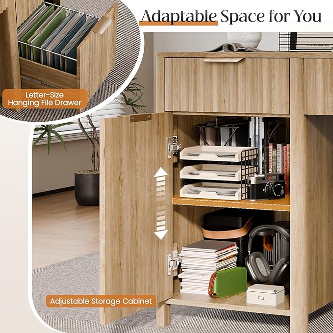 58" Fluted Home Office Desks with Storage, Modern Executive Desk Computer Desks with 5 Drawers & Cabinet, Wood Work Desk File Drawer for Office, Bedroom, Study, Living Room, Oak