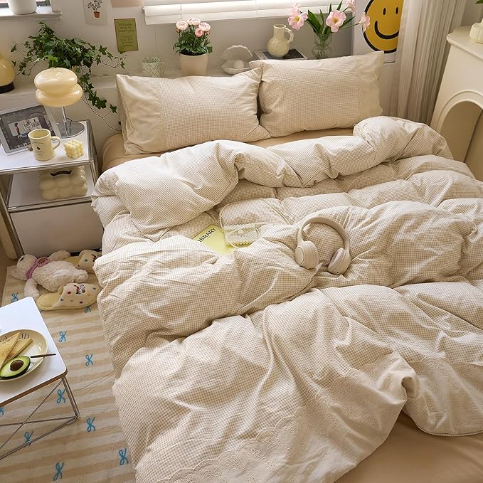 LifeTB Tan Gingham Comforter Set King Romantic Lace Bedding Beige Plaid Comforter Set Vintage Grid Checkered Pattern Comforter with 2 Pillowcases Farmhouse Taupe Plaid Gingham Bedding Set