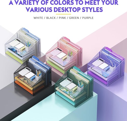 Samstar Desk File Organizer - Purple Mesh Letter Holder with 3 Trays & 2 Upright Sections for Office Supplies