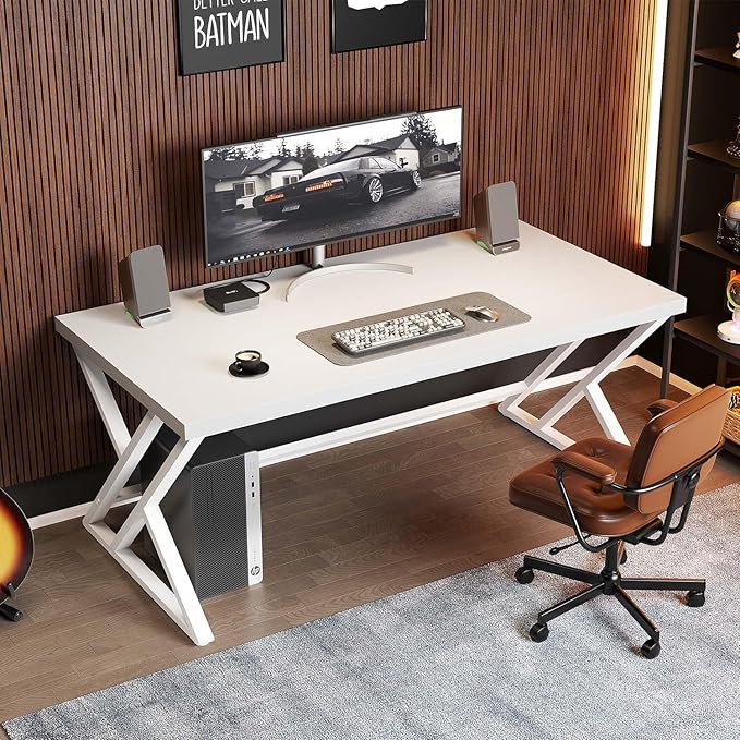 LVB White Computer Desk, Modern Wood Home Office Desk for PC Writing Work, Metal Wooden Executive Workstation Student Simple Desk, Computer Study Gaming Bedroom Table, 55 Inch, White Oak