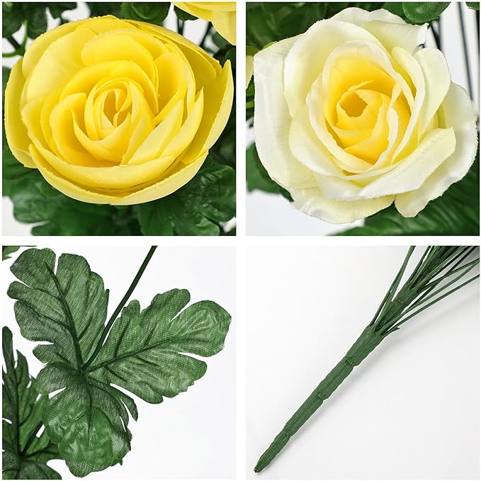 Hollyone Set of 2 Artificial Cemetery Flower for Graves Yellow Cemetery Memorial Flowers for Outdoor Grave Decorations Silk Flower Arrangements Rose Ranunculus Gerbera Floral Flowers Bouquets