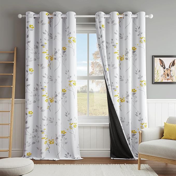 Beauoop Floral 100% Blackout Curtains 90 Inches Long 2 Panels for Bedroom Living Room Yellow Grey and White Flower Patterned Room Darkening Thermal Soundproof Grommet Window Treatments Drapes, 52X90
