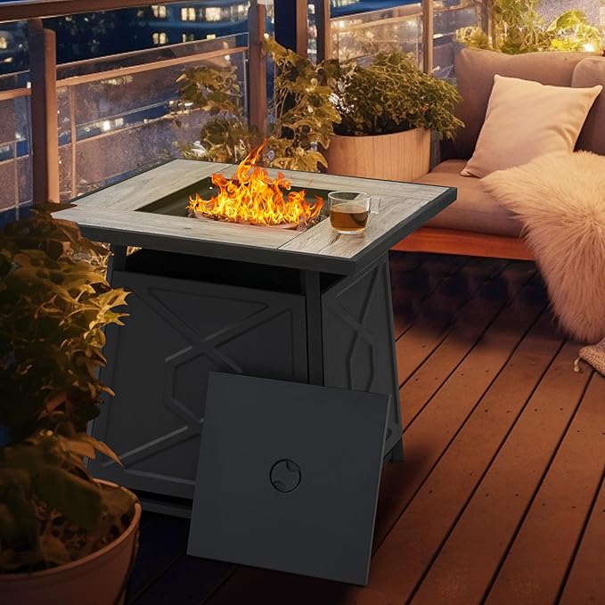 Nuu Garden 28 Inch Outdoor Propane Fire Pit Table, 50,000 BTU Square Gas Fire Table with Ceramic Tabletop, Lid, Cover, Lava Rock for Garden Backyard Party, Black