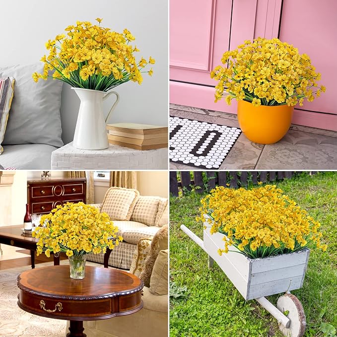 Ouddy Decor 12 Bundles Artificial Flowers for Decorations Fake Silk Plants for Outdoors UV Resistant Faux Plastic Greenery Stems for Garden Porch Window Box Home Spring Decor, Yellow