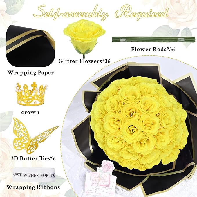 Waipfaru Glitter Roses Bouquet, DIY Fake Flowers Bouquet, Yellow Artificial Flower for Mothers Day Gifts, Valentines, Anniversary, Engagement, Wedding, 36 Pcs