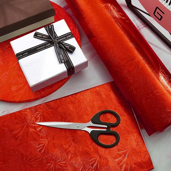 Jecery Embossed Floral Foil Paper Metallic Wrapping Paper Colored Foil Sheets for Crafts Scrapbook Florist Cake Board Cake Drums Gift Wrapping, 15.7 Inch 46 Ft (Red)