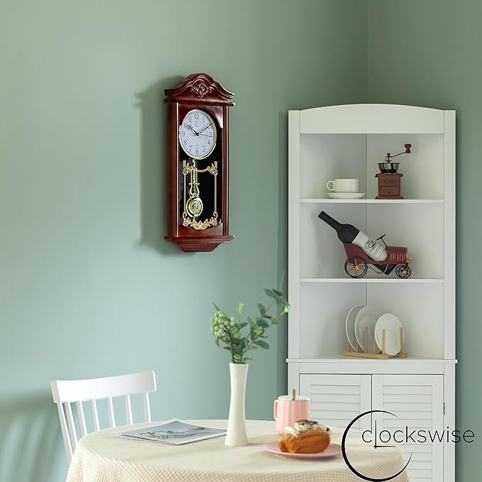 Clockswise 23.7" Vintage Grandfather Pendulum Clock - Antique Wood -Look Plastic Wall Clock for Living Room Decor, Silent Battery-Operated, Brown, Pendulum Clocks for Kitchen, Office, Dining Room
