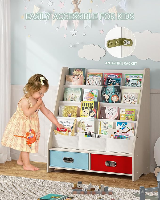 SEIRIONE Sturdy Kids Bookshelf, Tear-Proof Cotton Sling, Eco-Safe Toddler Bookshelf with 2 Cube Bins for Books & Toys, Beige/Wood Texture