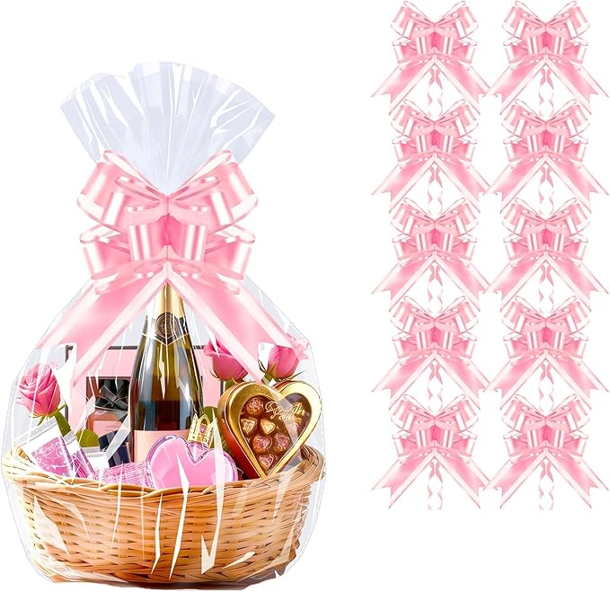 PigPotParty 16"x24" Clear Cellophane Gift Bags - Includes Pink Bows – 10 Pack Cellophane Wrap for Gift Baskets, Plastic Gifts Bags for Girl's Birthday, Baby Shower, Wedding, and Bridal Shower