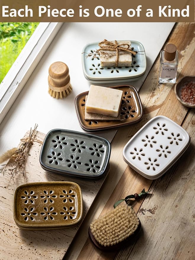 Miamolo Soap Dish with Draining Tray, Bar Soap Holder for Shower Bathroom Bathtub Kitchen Sink, Mess-Free Soap Container Saver with Non-Slip Base, Water Collection Tray Housewarming Gift, Brown