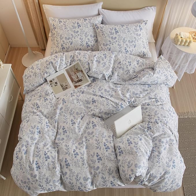 VM VOUGEMARKET 3 Pieces Blue White Duvet Cover Queen Floral Botanical Comforter Cover with Zipper Soft Cotton Cottagecore Bedding Set for Girls Women-90x90 Inch