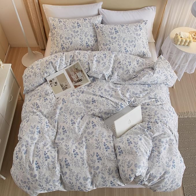 3 Pieces Duvet Cover Queen Size White Bedding Duvet Cover with Blue Floral Print,Soft Cotton Coquette Bedding Comforter Cover Boho Style,Aesthetic Queen Bedding Set with Zipper Closure 4 Ties