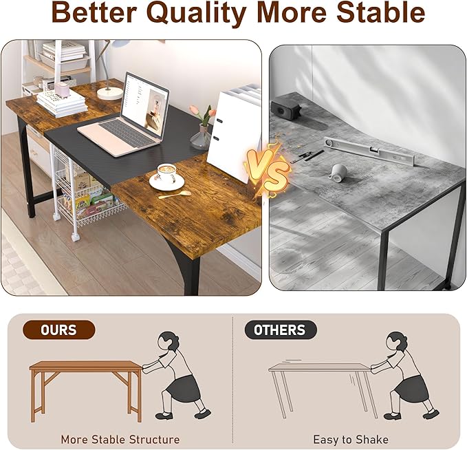 Computer Desk, 55 Inch Home Office Desks, Office Desk for Gaming Writing Study Work, Study Table with Large Legroom, Computer Desk with Metal Frame (Brown + Black Carbon Fiber Tabletop, 55inch)