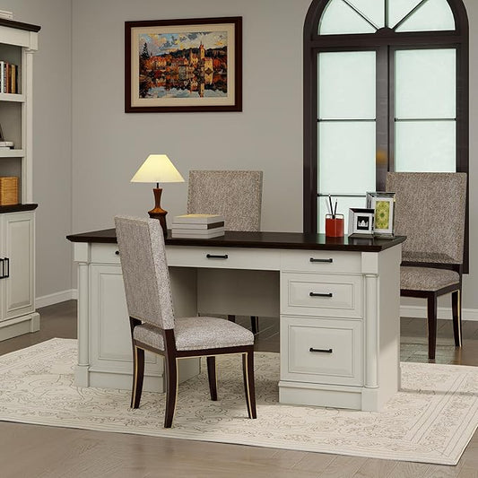 61.85″ Executive Desk with Roman Column Design, Large Boss Office Desk 3 Drawers incl. File Drawer, Keyboard Tray, Cabinet Shelf with Door, White with Brown Desktop