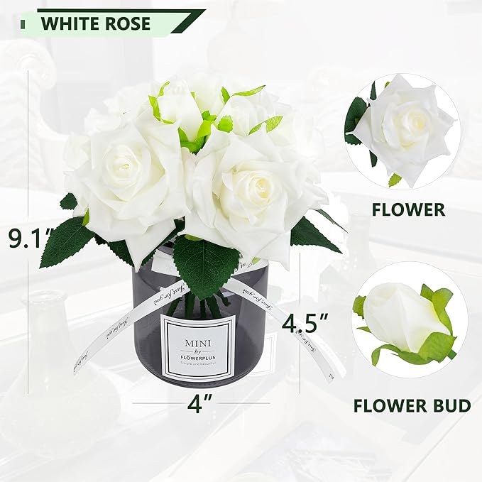 XIAYAN Artificial Flower and Glass vase, Silk Rose Flower Glass Bottle Set, Suitable for Living Room, Dining Table, Office, Wedding, Hotel Banquet and Family Decoration. (White)………