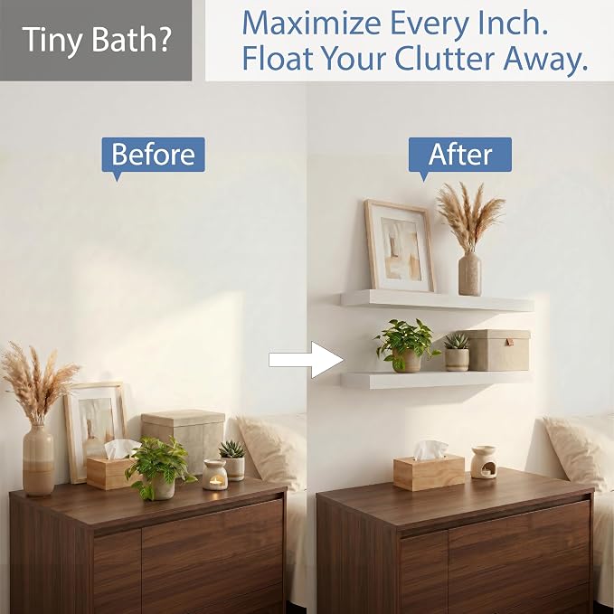 White Floating Shelves Set of 2, 24 Inch Wall Mounted Wood Shelves for Bathroom Over Toilet, Bedroom, Living Room, Kitchen & Office Storage, Modern Display Shelves