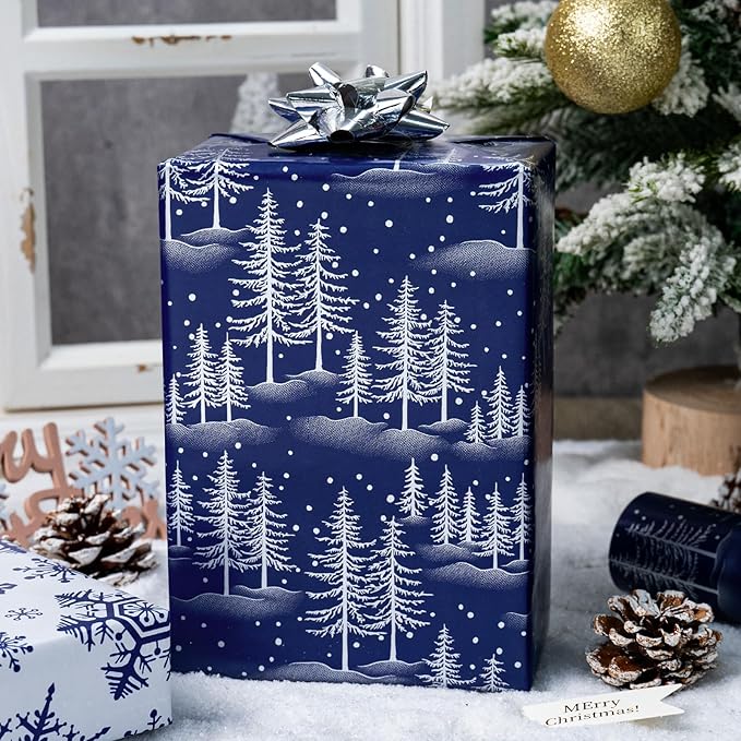 MAYPLUSS Christmas Wrapping Paper Roll - 17IN X 33FT - Blue Gift Wrapping Paper Featuring Christmas Tree Against Navy Blue Reversible Snowflke for Kids, Holiday, New Year