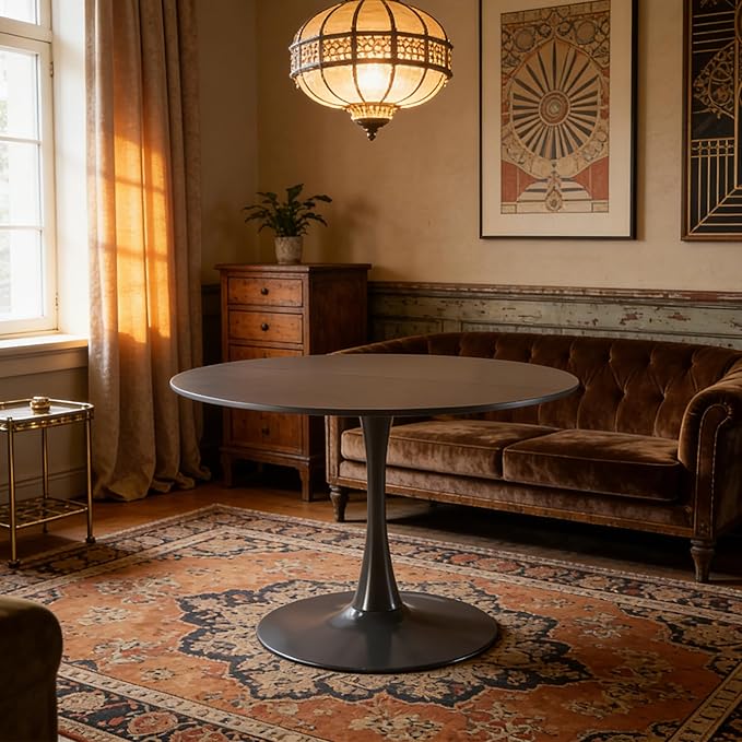 42" Tulip Table for 4-6 Persons Modern Round Dining Room Table, Mid-Century Modern Grey Small Kitchen Table with MDF Wooden Top, Leisure Coffee Table for Living Room, Dining Room, Office