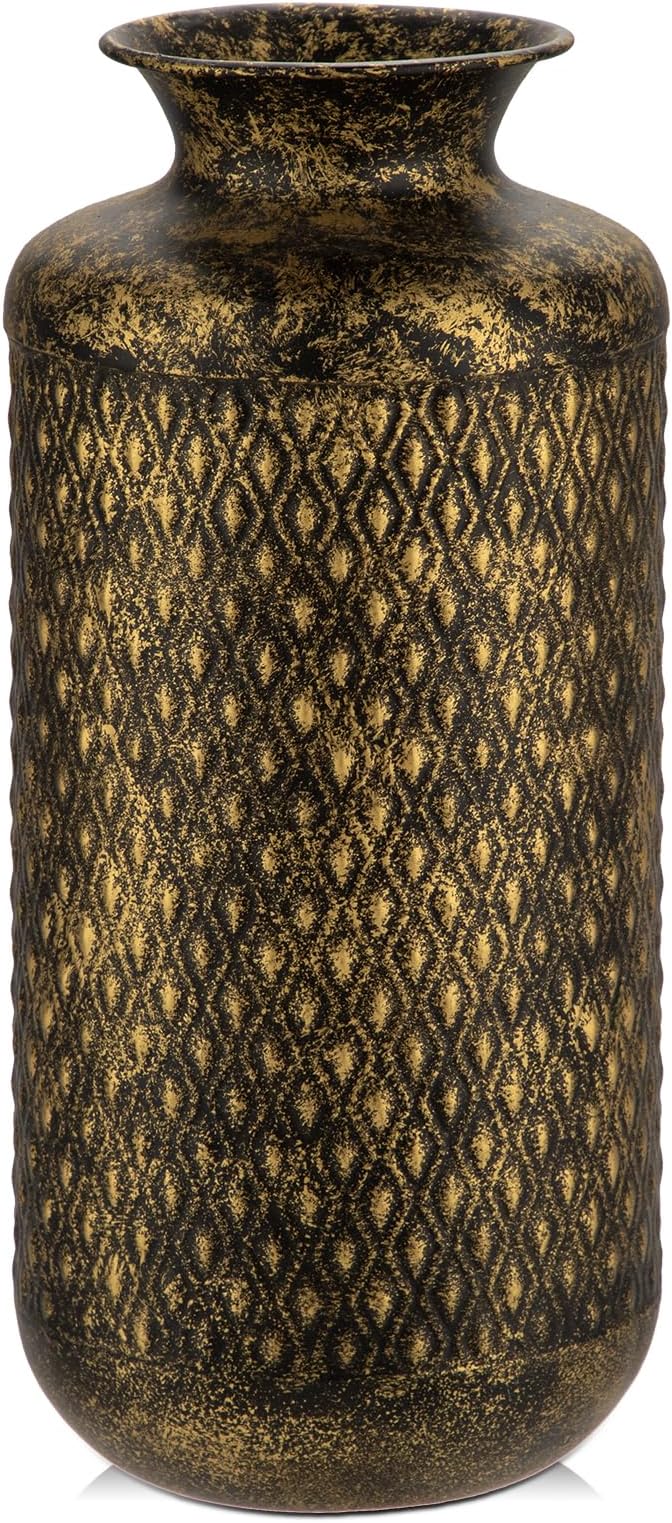 Flower Vase Rustic Metal Vase, 14" Black and Gold Pattern Vase for Farmhouse Home Décor Artificial Flowers and Centerpieces