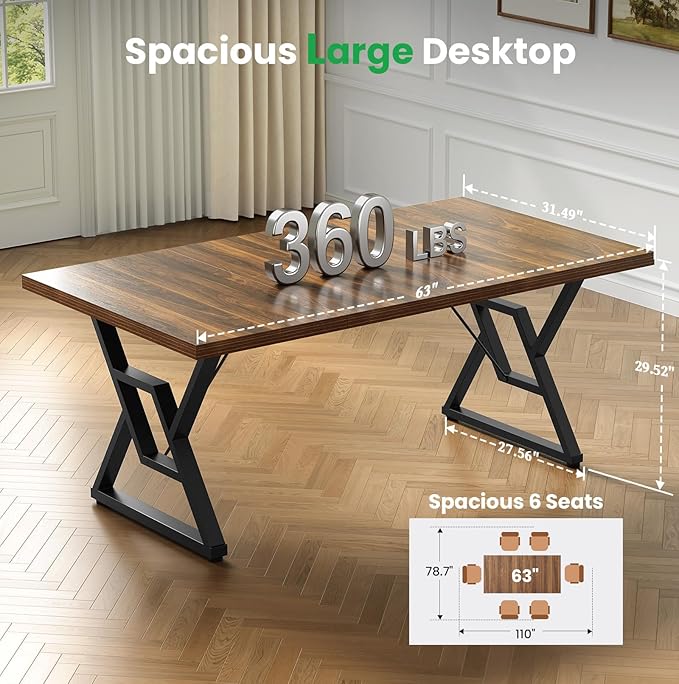 63" Large Executive Desk - Computer Office Desk Workstation, Modern Business Writing Table with Sturdy Metal Legs for Home Office (Dark Walnut/Black)