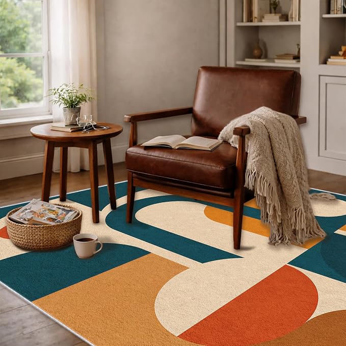 Mid Century Area Rug 6x8, Home Decor | Deep Teal Terracotta Arch Blocks, Retro Geometric Rug for Living Room, Bedroom, Home Office, Non Slip, Washable, Low Pile