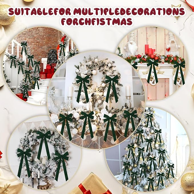 JOICEE 15Pcs Christmas Velvet Bows, 5in x 12in Christmas Tree Bows Rustic Crafts Gift Wrapping Bows Xmas Ornaments for Wreath Garland Tree Decorations Indoor Outdoor Holiday Decor(Green)