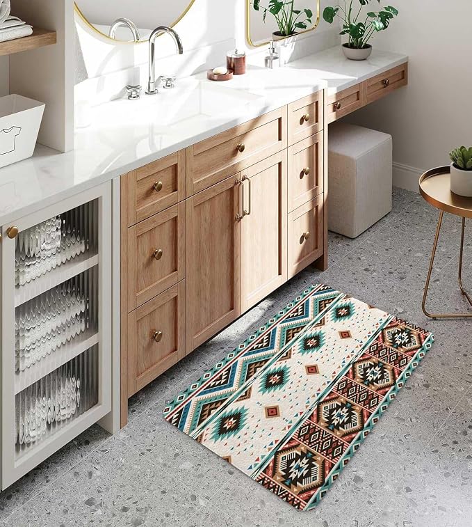 Aztec Bath Rugs for Bathroom,Southwestern Native Tribal Navajo American Ethnic Pattern Western Boho Triangular Non Slip Flannel Bathroom Rug, Dry Fast Water Absorbent Bath Mats, 17x29 Inc