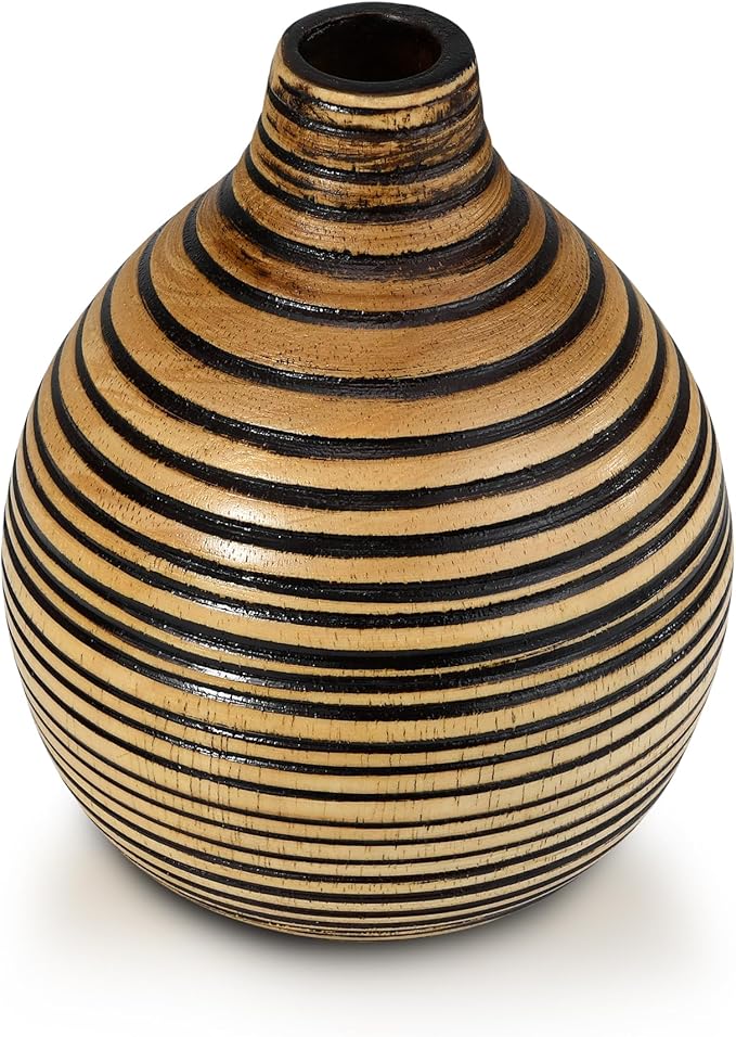 AeraVida Hand-Carved Round Black Stripes Small Brown Wooden Flower Vase | Mango Tree Wood Kitchen Decor | Handmade Vase | Handmade Home Office Table Vase