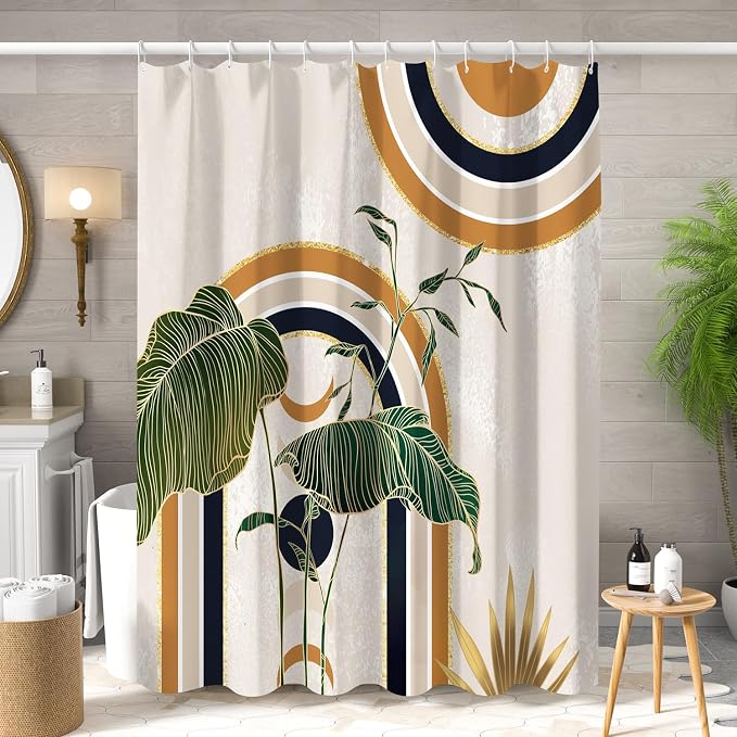 Green Brown Boho Shower Curtain Mid Century Abstract Plant Tropical Leaves Bath Curtain Modern Minimalist Geometric Arch Bath Decor Waterproof Polyester Fabric with Hooks 72x72 inch