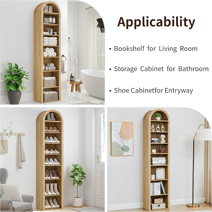 Tall Narrow Arched Bookshelf, 8-Tier Skinny Arch Bookcase for Small Space, Freestanding Storage Organizer with Adjustable Shelves, Open Display Shelves for Living Room, Entryway (Natural)