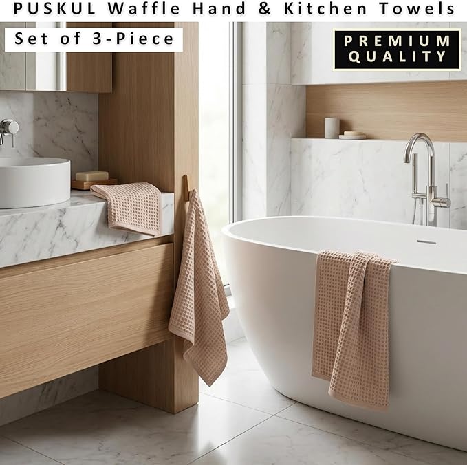 PÜSKÜL Natural 100% Turkish Cotton Waffle Kitchen Towels Set of 3 | Oeko-Tex, Premium Waffle Hand Towels for Bathroom | Soft Absorbent Quick-Dry Lint-Free Dish Towel Large 32x16 inch (3, Beige)